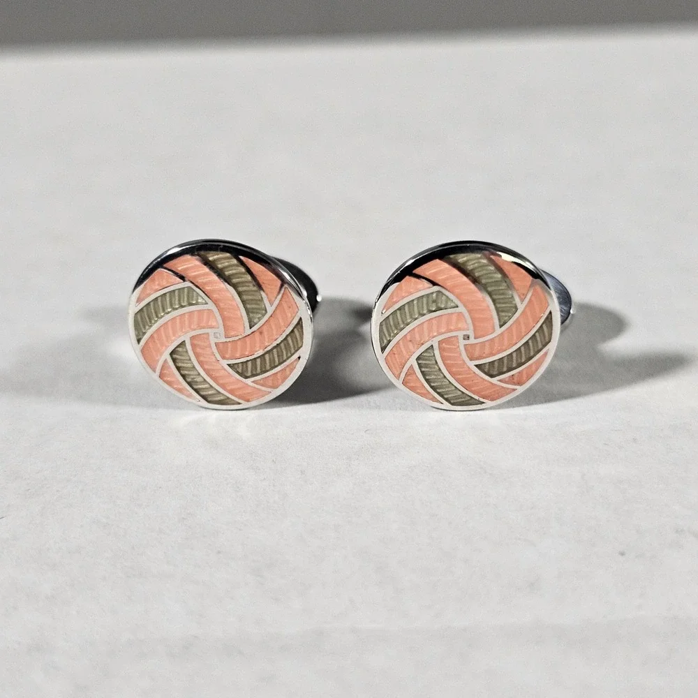 Jan Leslie Cufflinks Mens OS Silver Coral Green Enamel Swirl Sterling Silver 925
